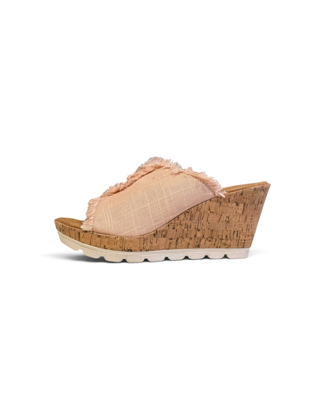 Minnetonka Women’s Size 11 Pink Blush Fabric Cork Wedge Slide Sandals Frayed Edg